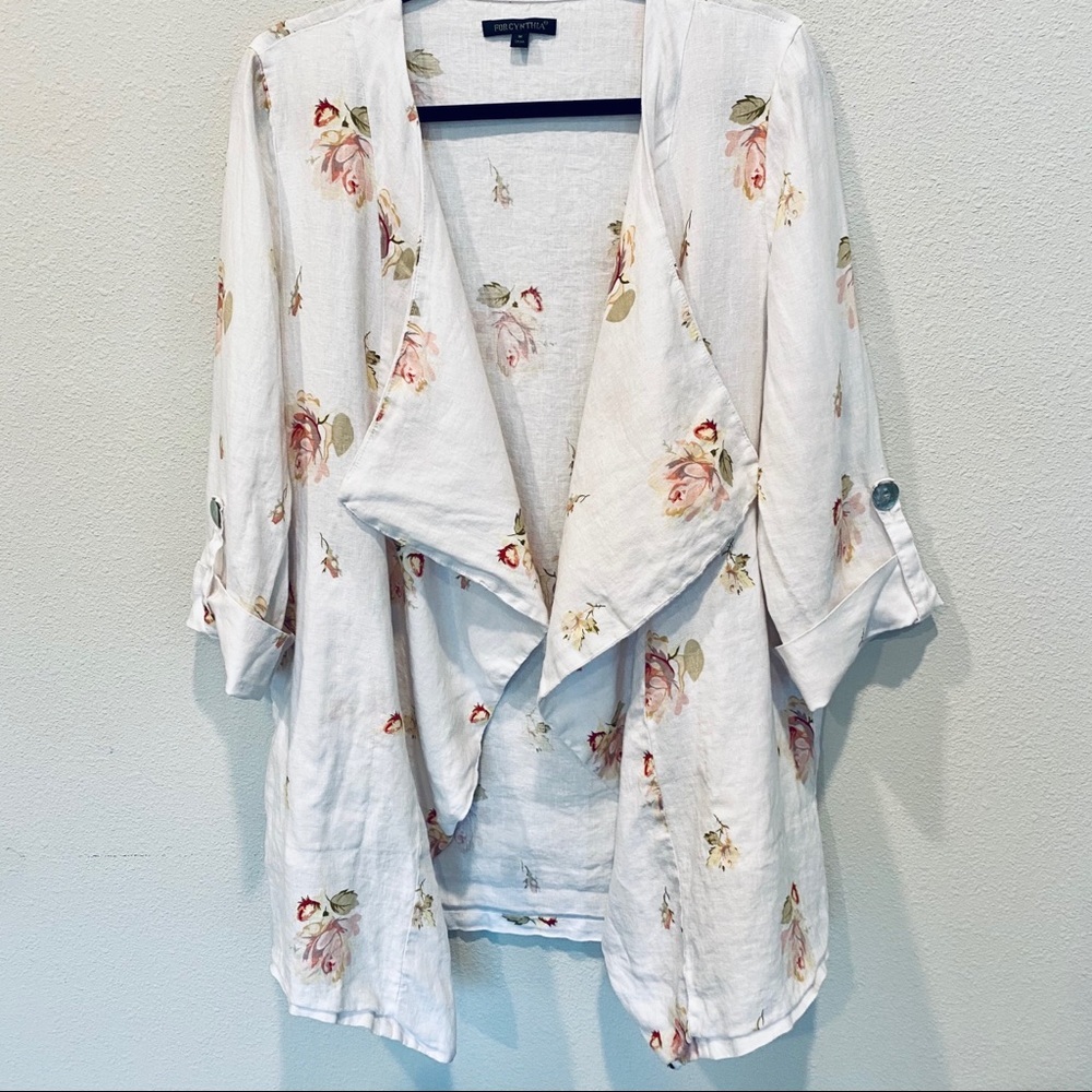 For Cynthia White Floral Linen Waterfall Cardigan